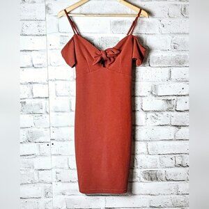 Le Chateau Rust Bodycon Midi Dress Ruffle Front XXS
